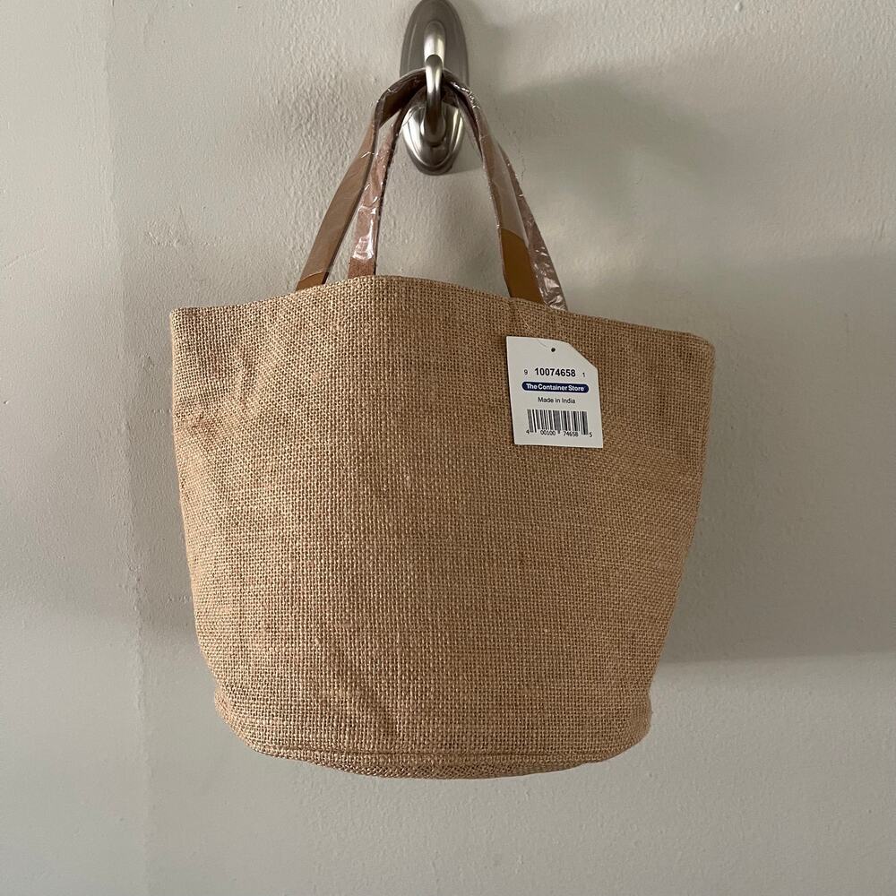Container Store Jute Basket 8" Round Storage Bin NWT Tan Lined Accessory